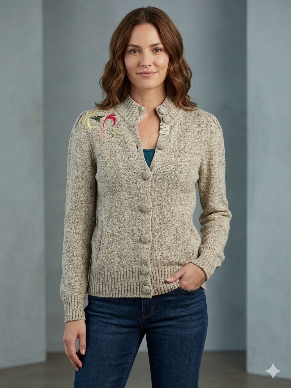 Oakley Light Gray Knit Button-Front Teddy Sweater with Shoulder Embroidery